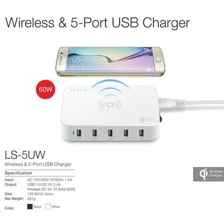 Smart Charging Station 5 porte USB compatibile con 60 Watt Qi Lvsun - 1