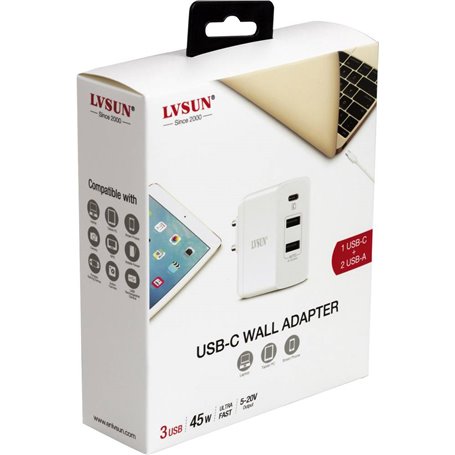 Station de Recharge Ultra-Rapide 45 Watts 2 Ports USB-A et 1 Port USB-C PD 3.0 et QC 3.0 Lvsun - 4