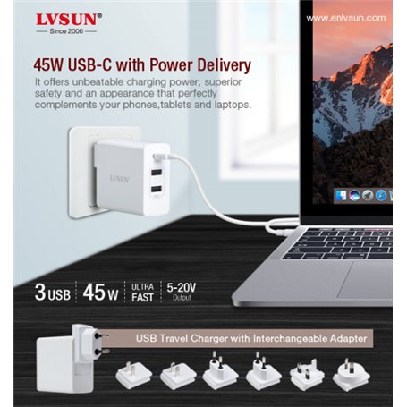 Station de Recharge Ultra-Rapide 45 Watts 2 Ports USB-A et 1 Port USB-C PD 3.0 et QC 3.0 Lvsun - 3